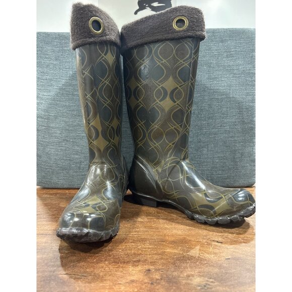Bogs Womens Waterproof Printed Rain Boots Size 7 Green/Brown With Pattern - Picture 1 of 10